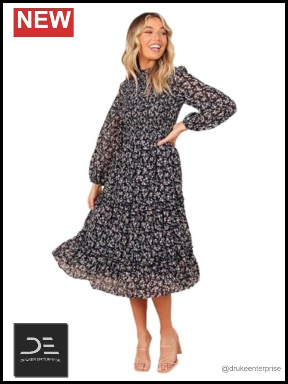 Petal & Pup Edwina Shirred Frill Long Sleeve Midi Dress